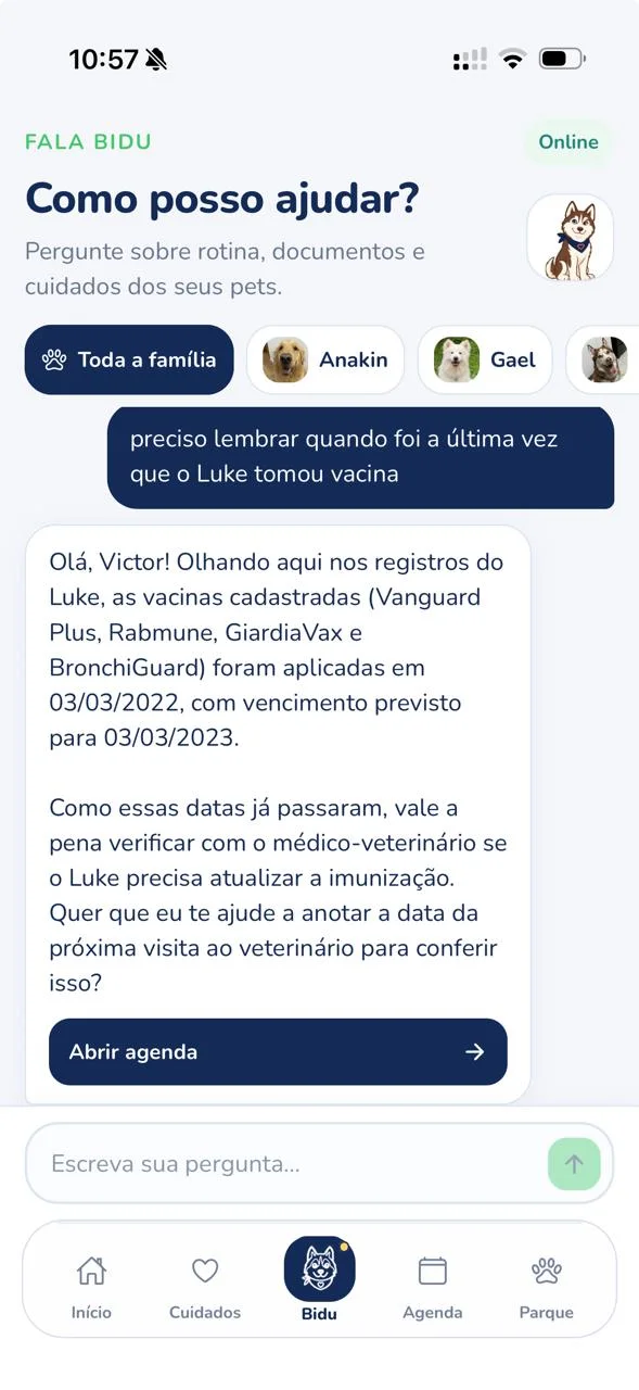 Bidu respondendo sobre os cuidados do pet