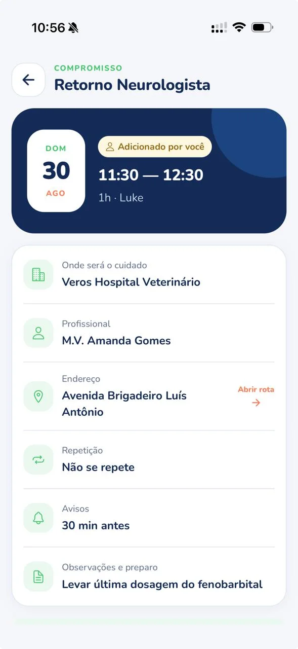 Detalhes de um retorno veterinário