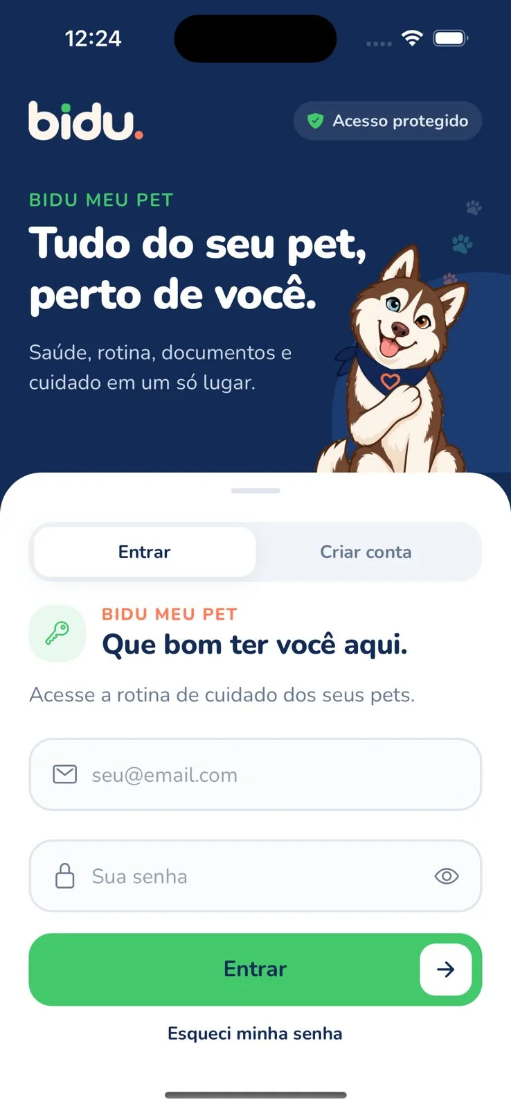 Tela atual de acesso do aplicativo Bidu Meu Pet