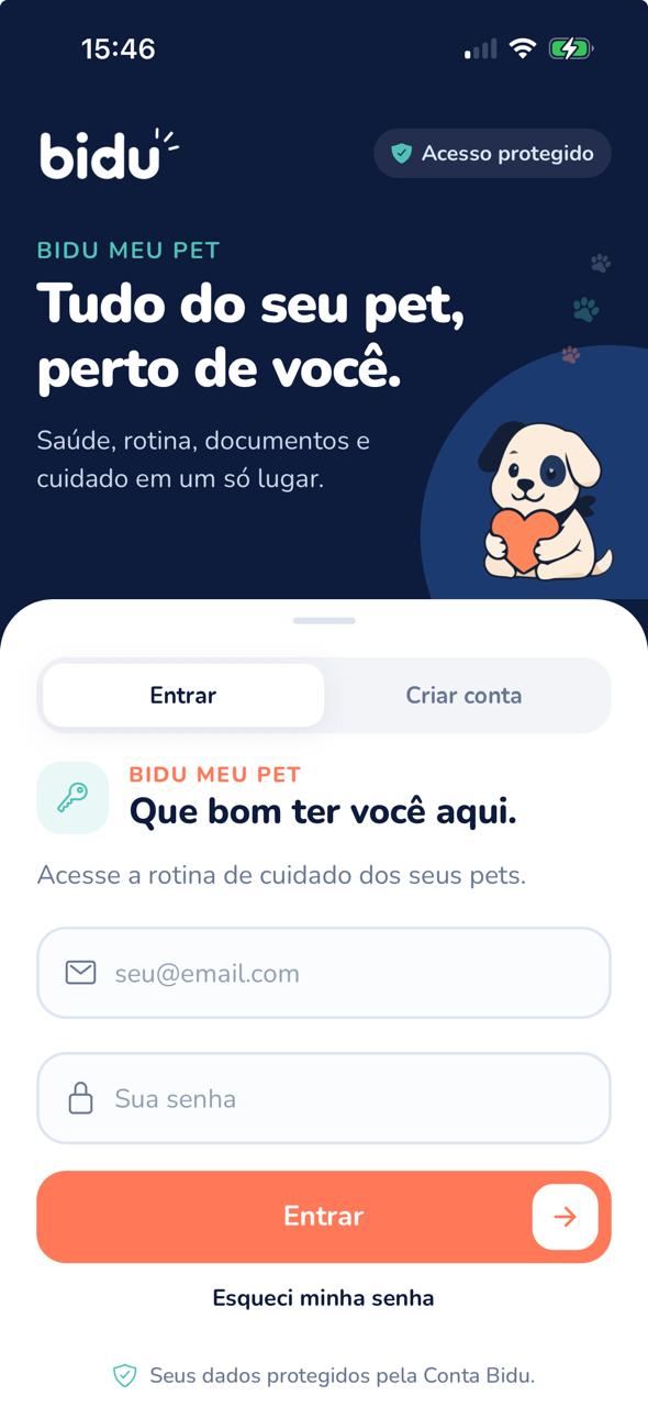 Tela de acesso protegido do aplicativo Bidu Meu Pet