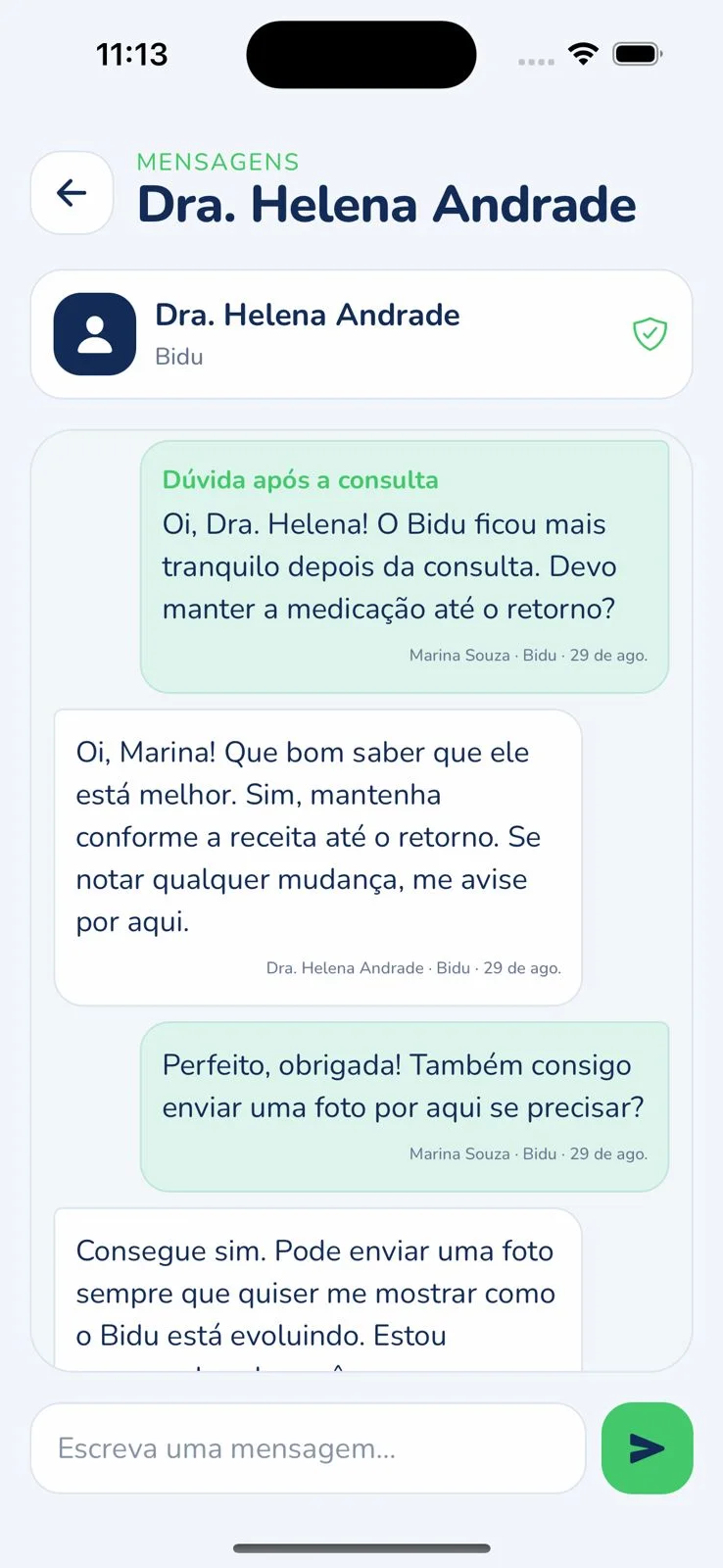 Mensagens entre tutor e médica-veterinária