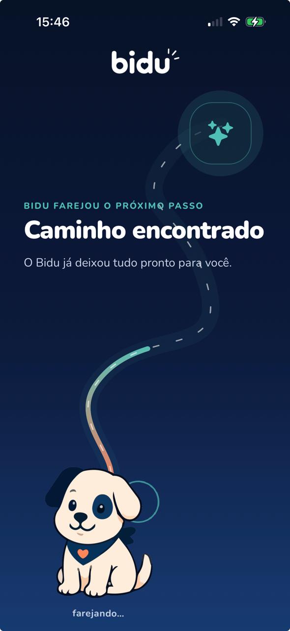 Tela de abertura do aplicativo Bidu Meu Pet com o personagem Bidu