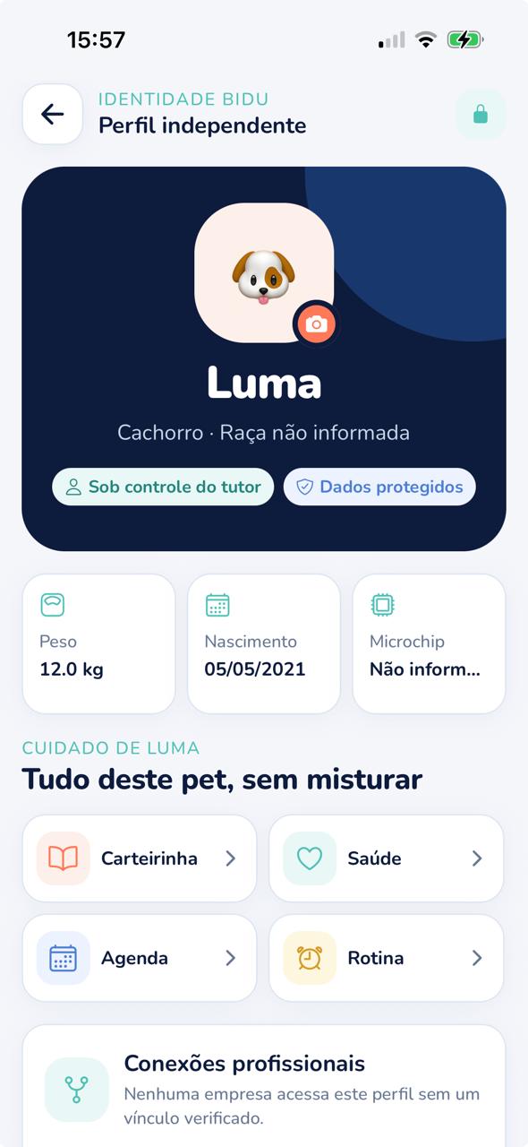 Perfil independente de um pet no aplicativo Bidu Meu Pet