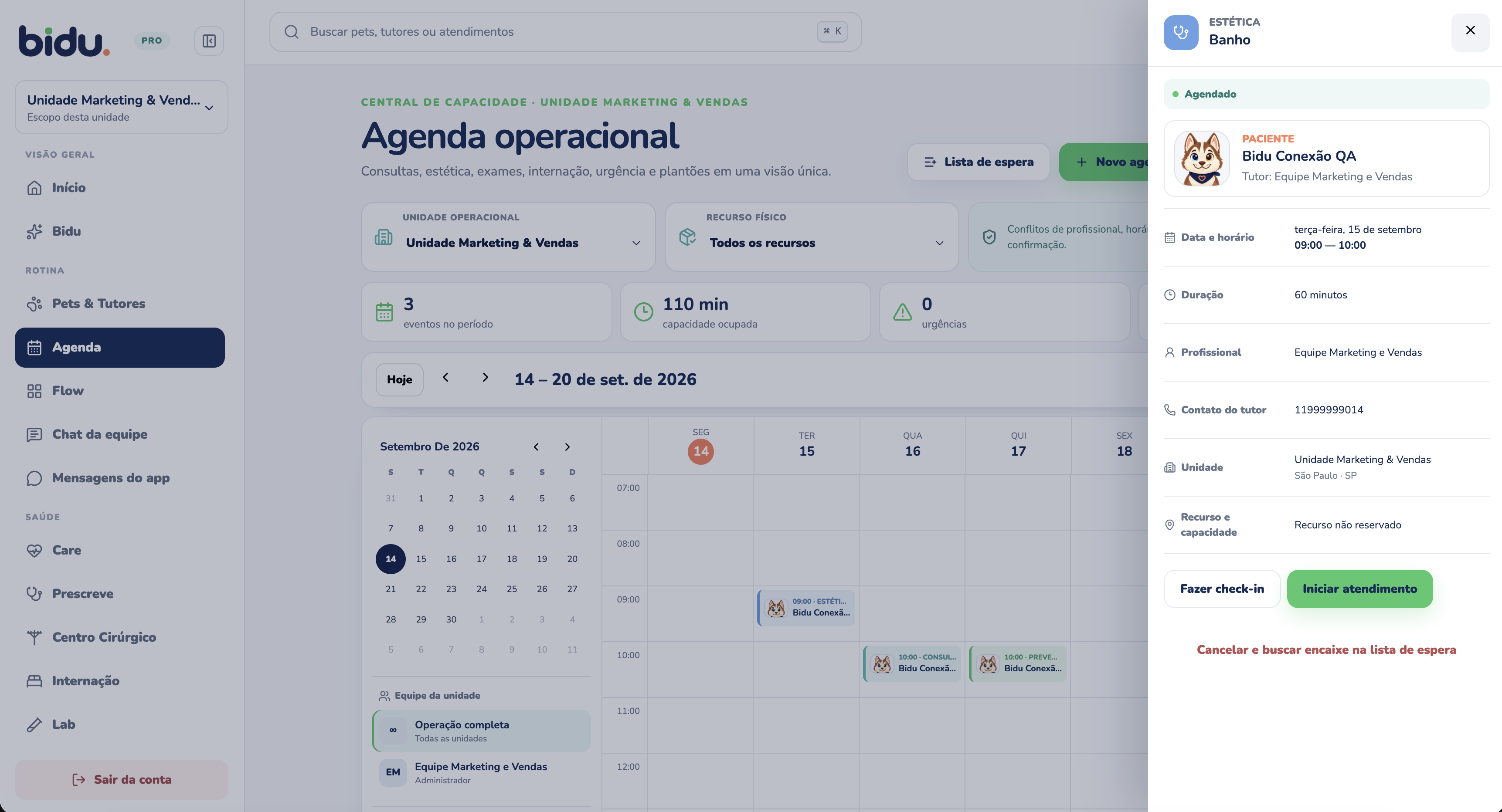 Atendimento na Agenda do Bidu OS, com dados de demonstração