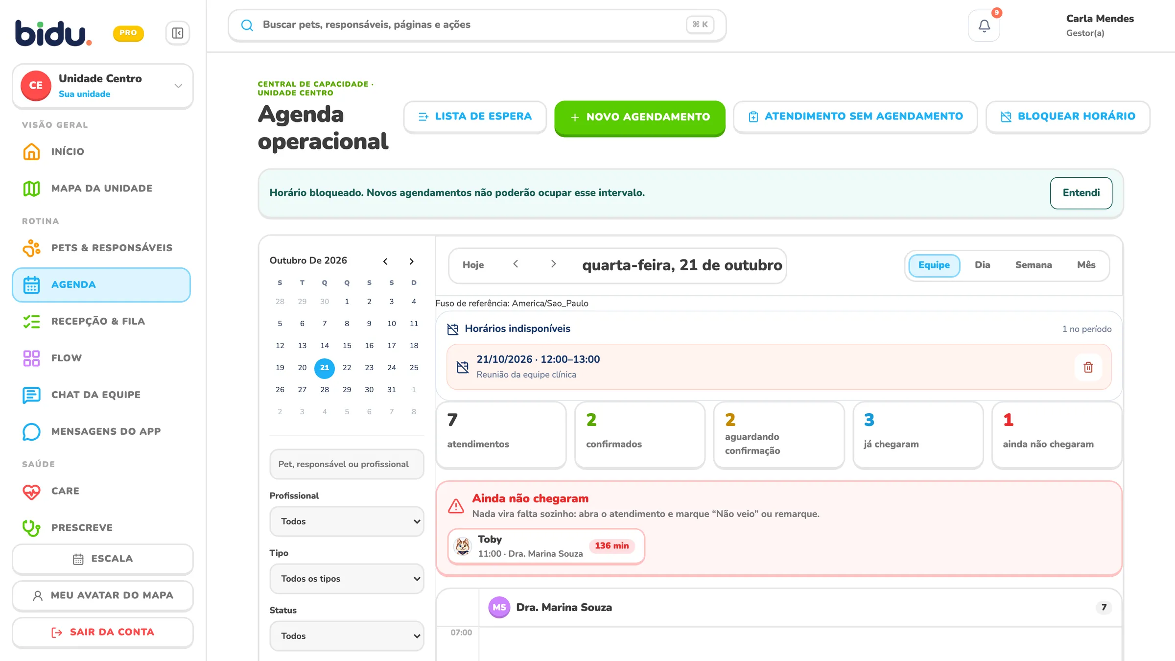 Capacidade protegida na Agenda do Bidu OS, com dados de demonstração