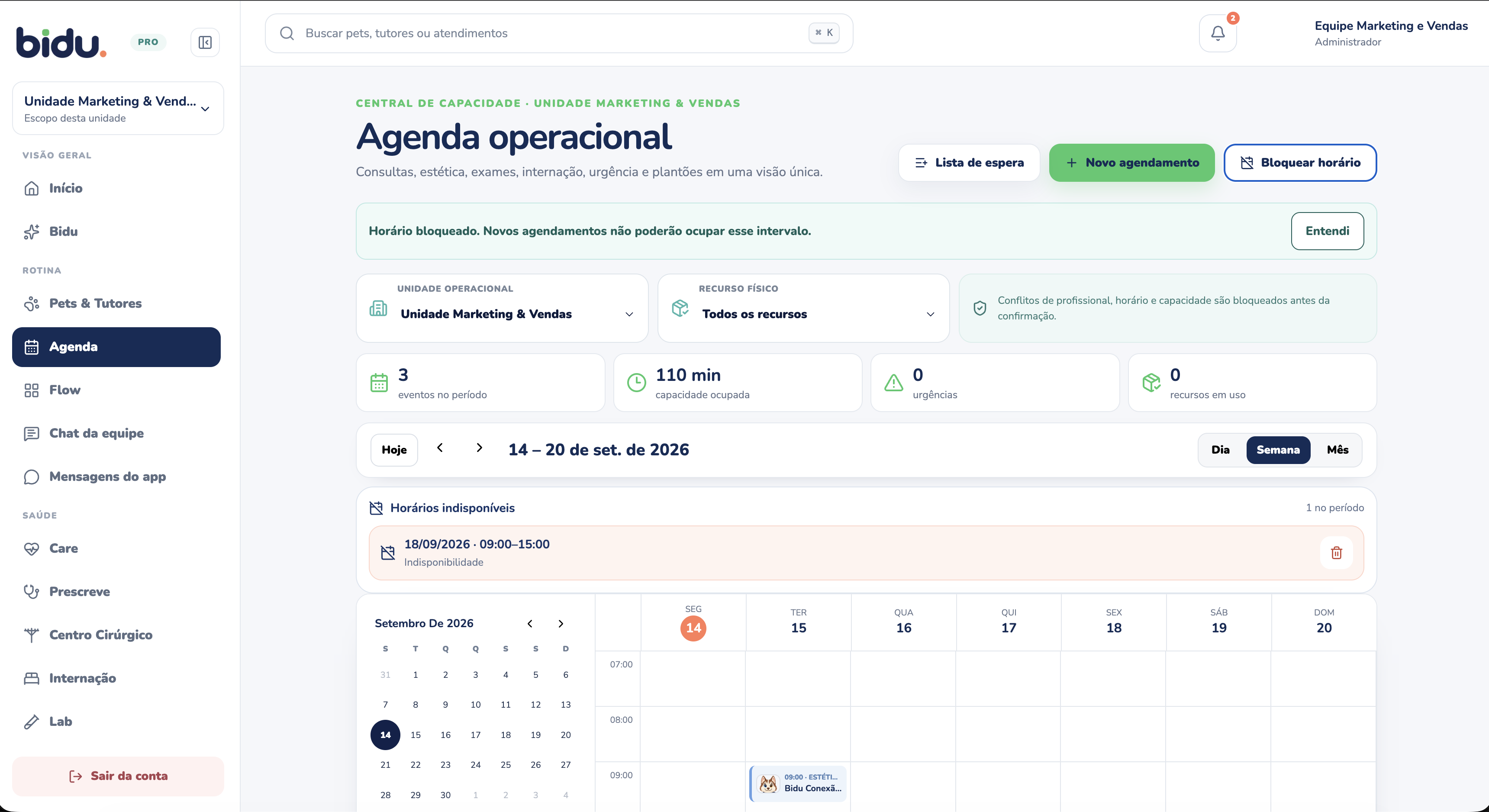 Capacidade protegida na Agenda do Bidu OS, com dados de demonstração