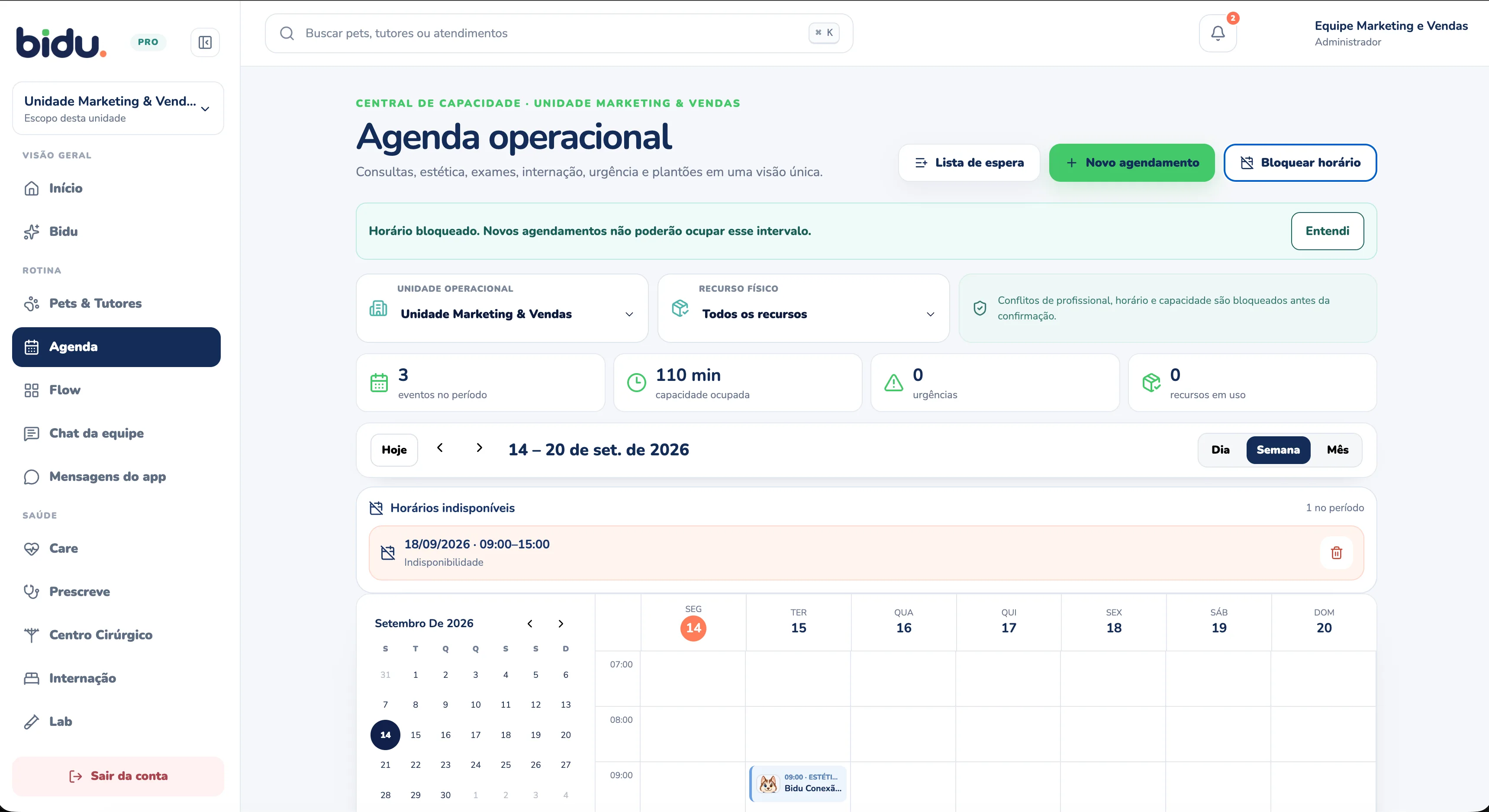 Capacidade protegida na Agenda do Bidu OS, com dados de demonstração