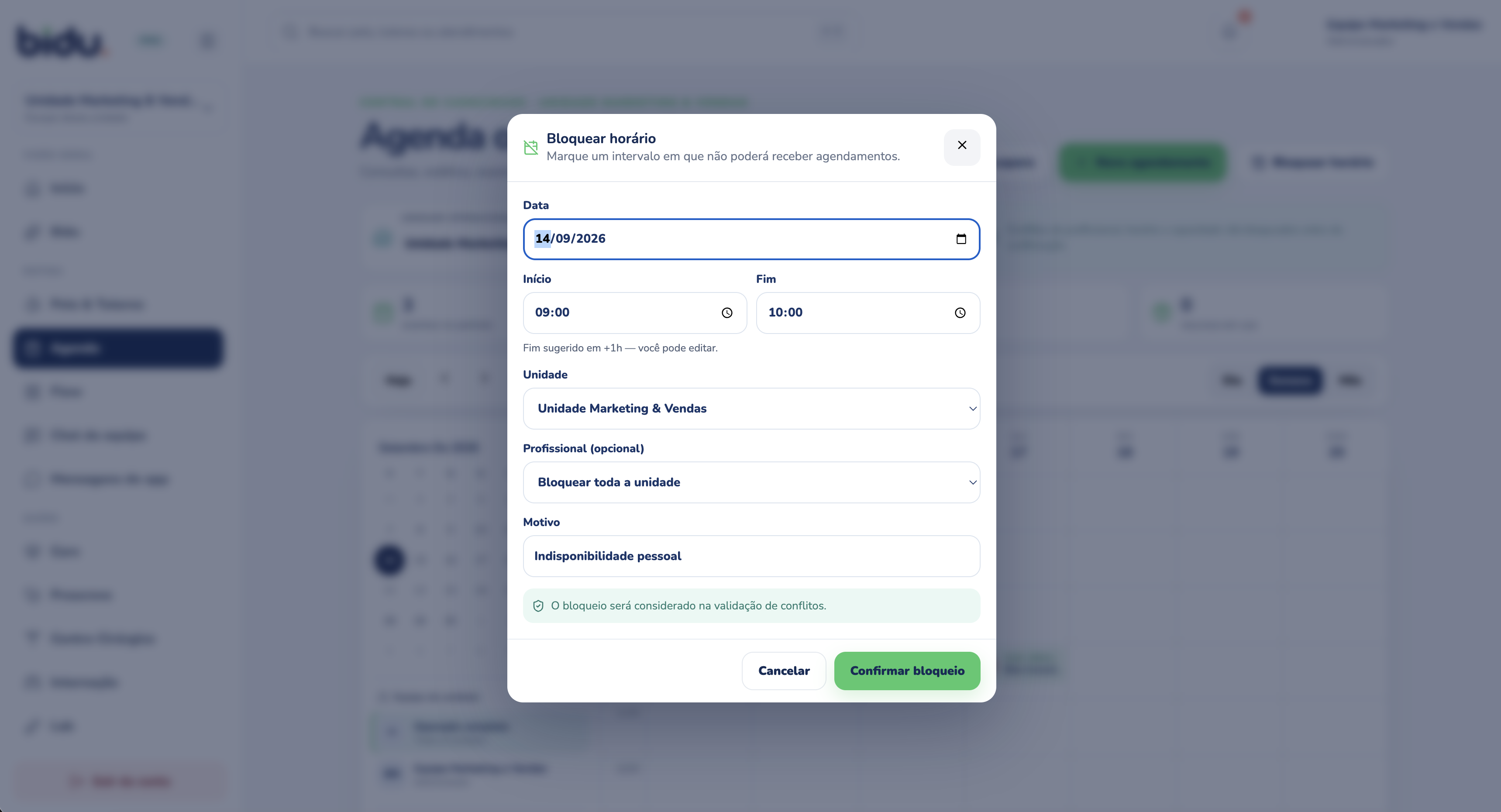 Bloqueio na Agenda do Bidu OS, com dados de demonstração