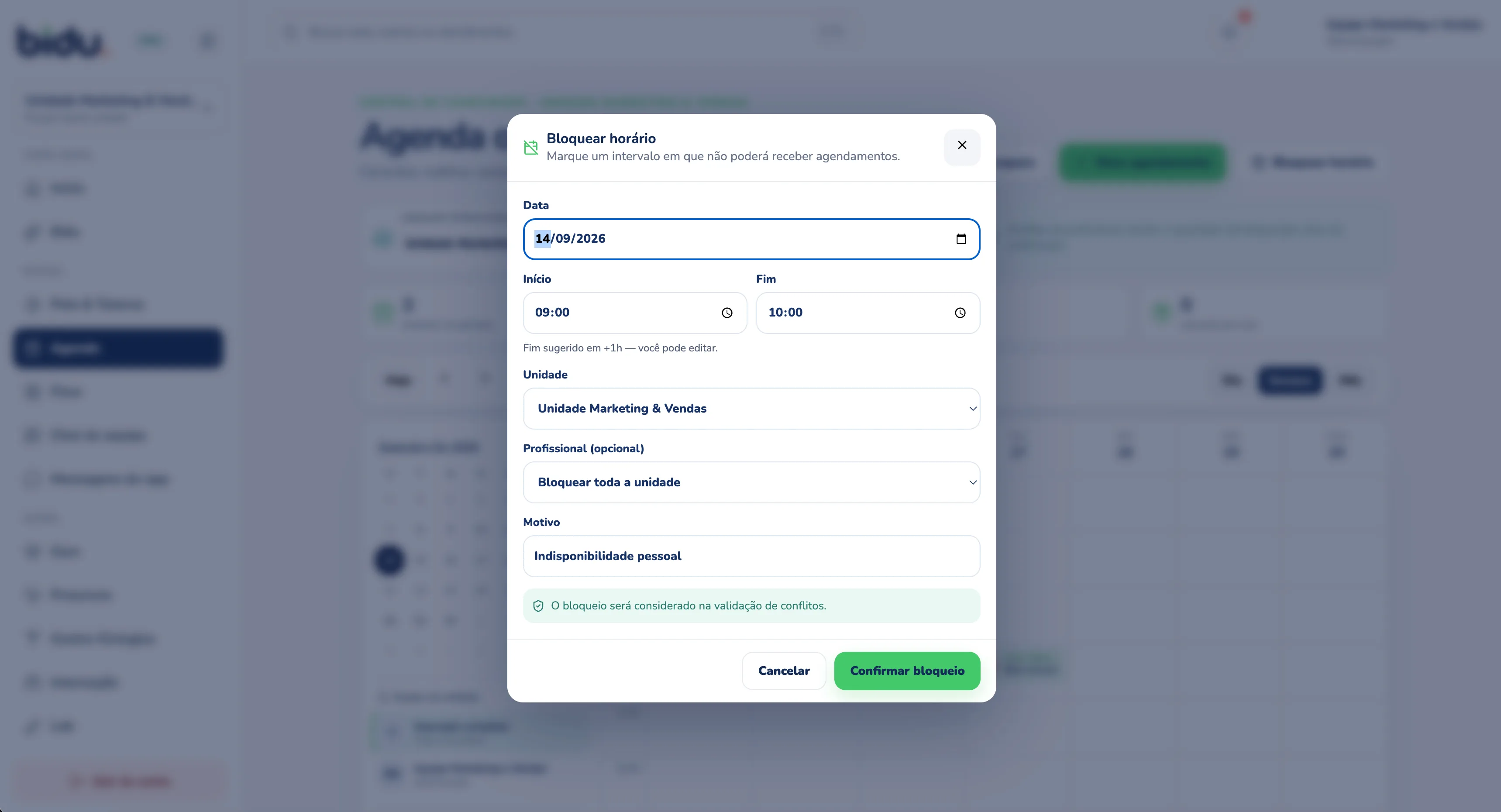 Bloqueio com contexto na Agenda do Bidu OS, com dados de demonstração