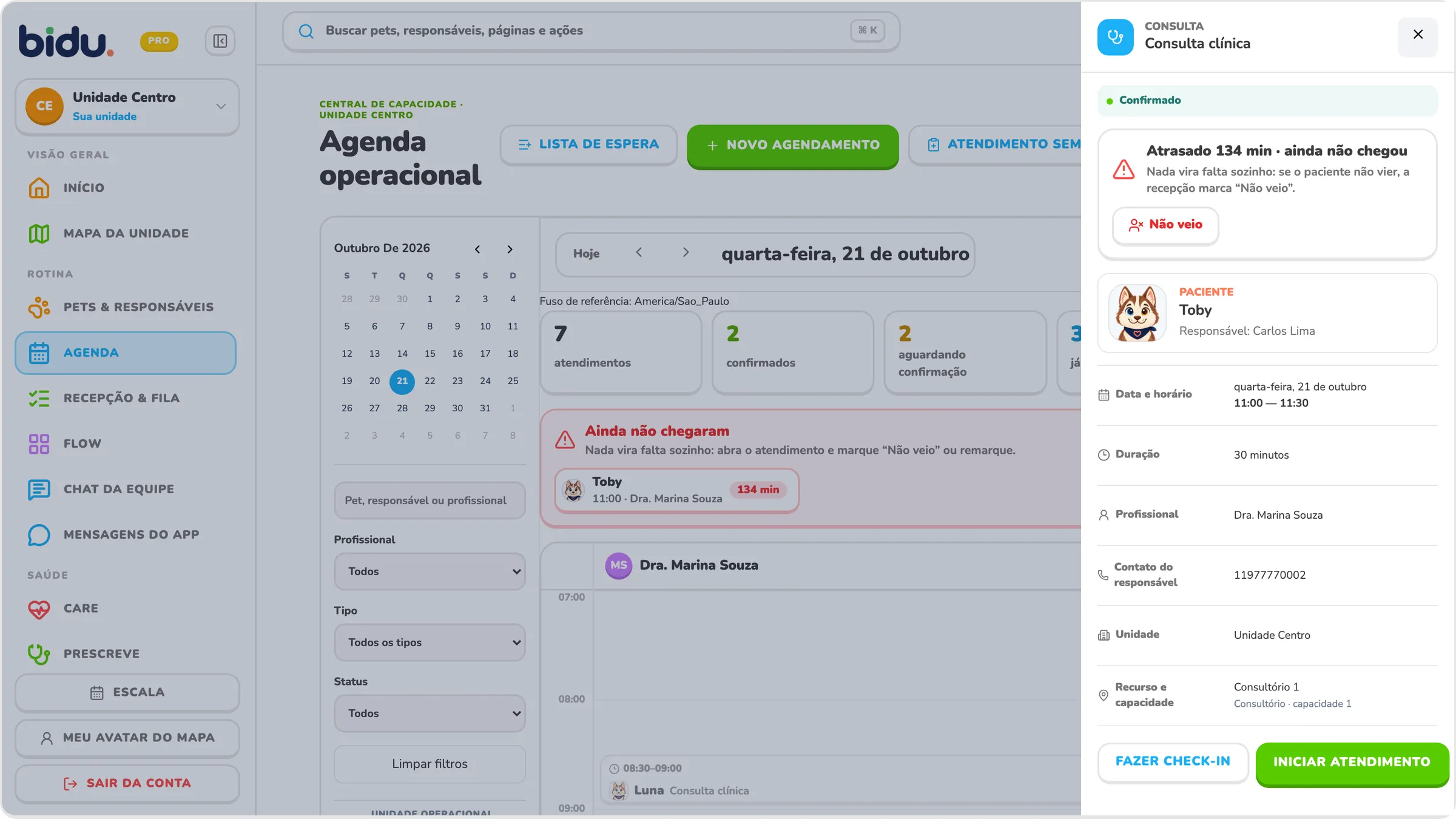 Atendimento na Agenda do Bidu OS, com dados de demonstração