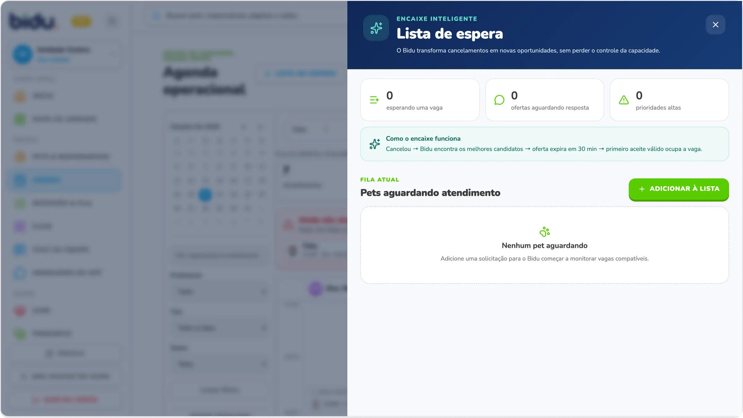 Lista de espera na Agenda do Bidu OS, com dados de demonstração