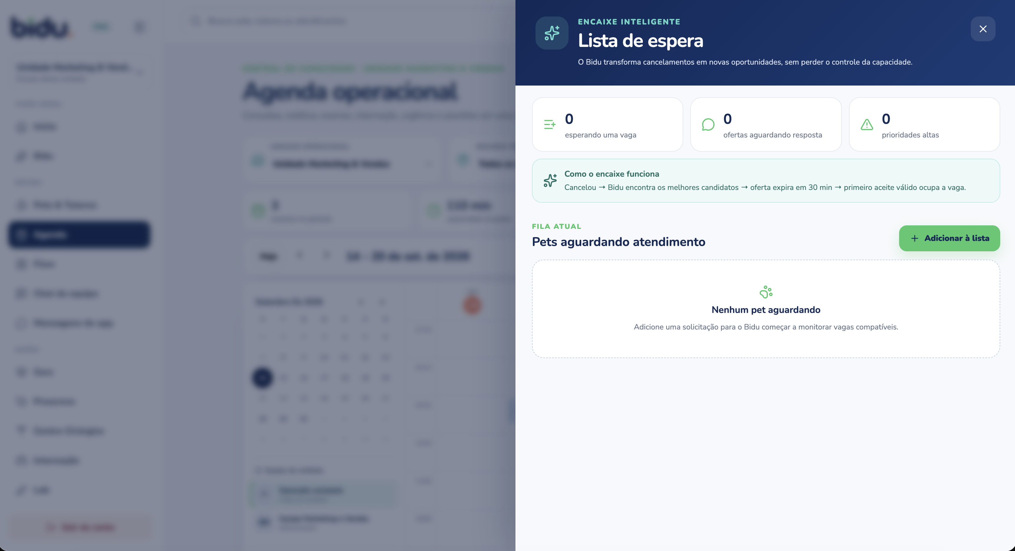 Lista de espera na Agenda do Bidu OS, com dados de demonstração