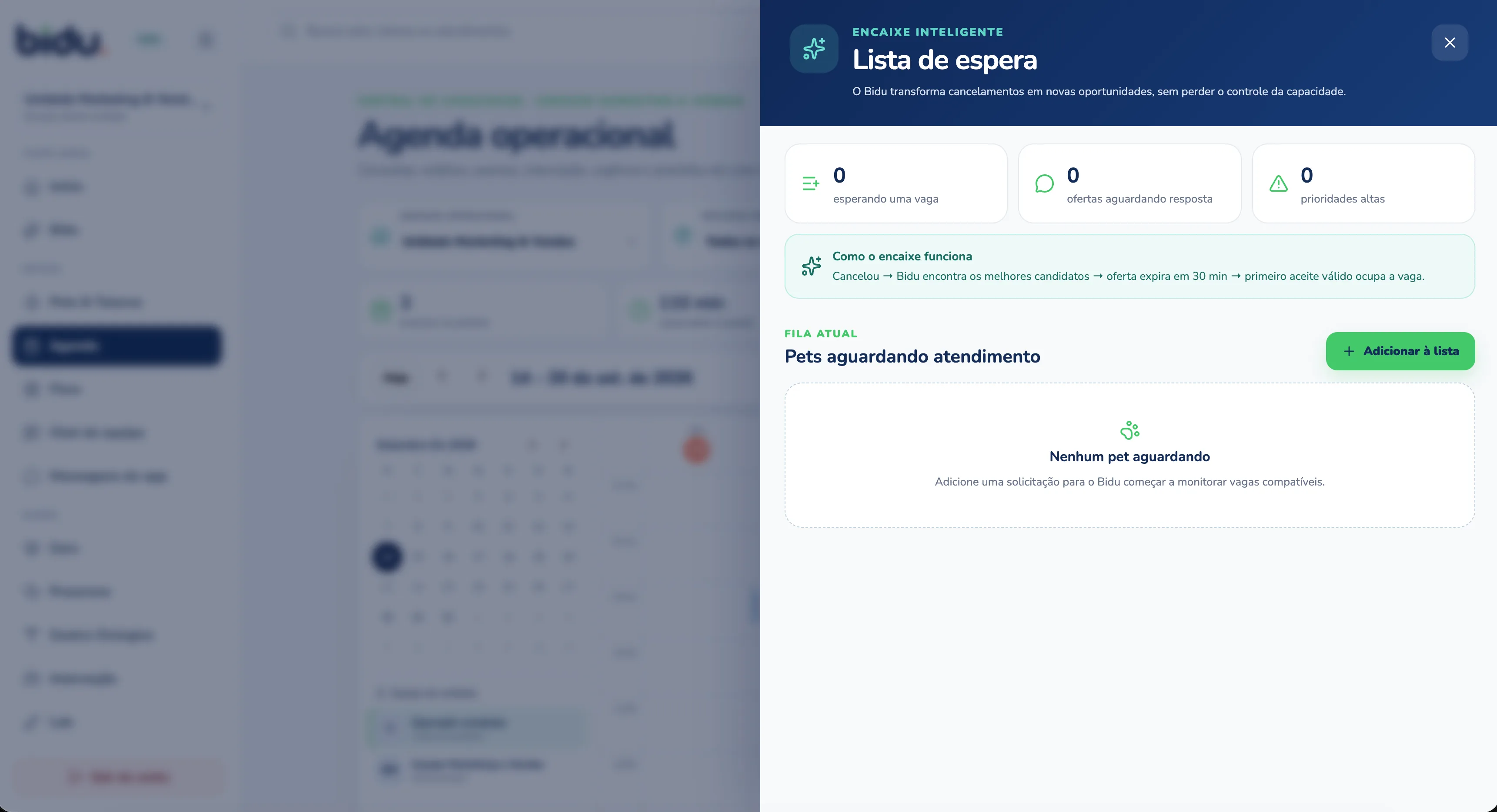 Lista de espera inteligente na Agenda do Bidu OS, com dados de demonstração