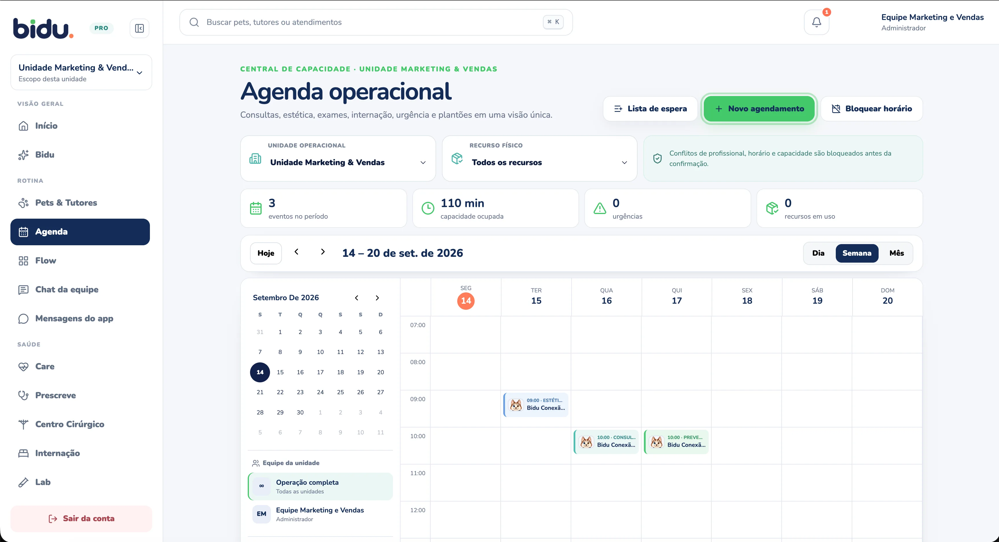 Agenda operacional semanal do Bidu OS preenchida, com dados de demonstração