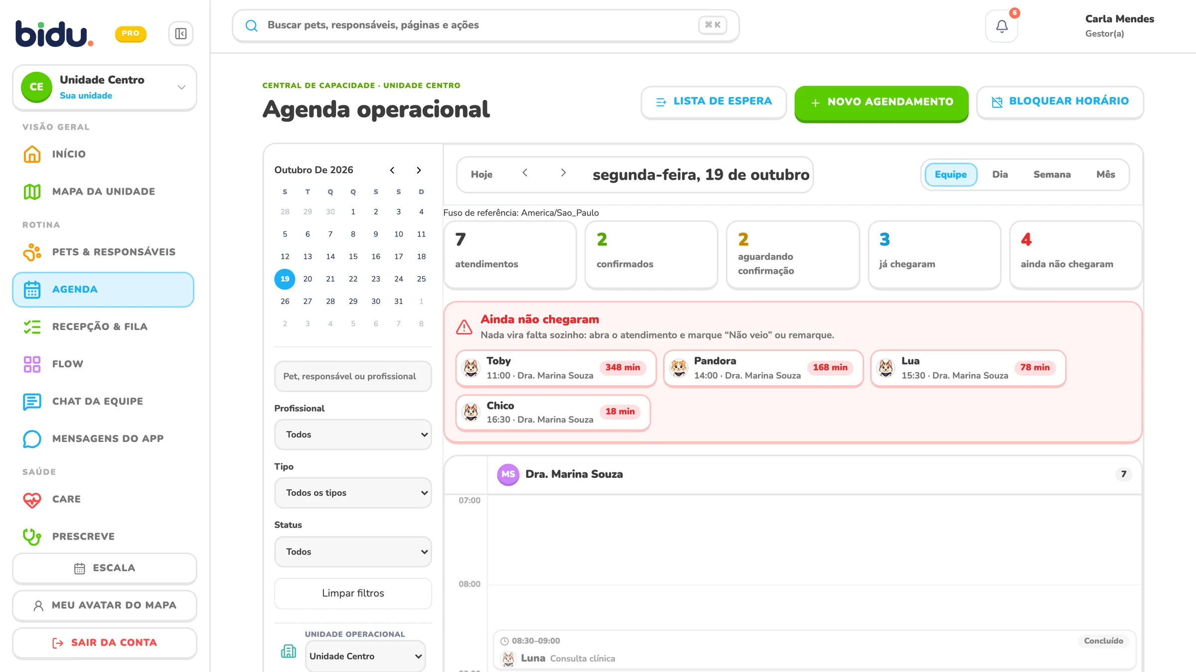 Agenda do dia na Agenda do Bidu OS, com dados de demonstração