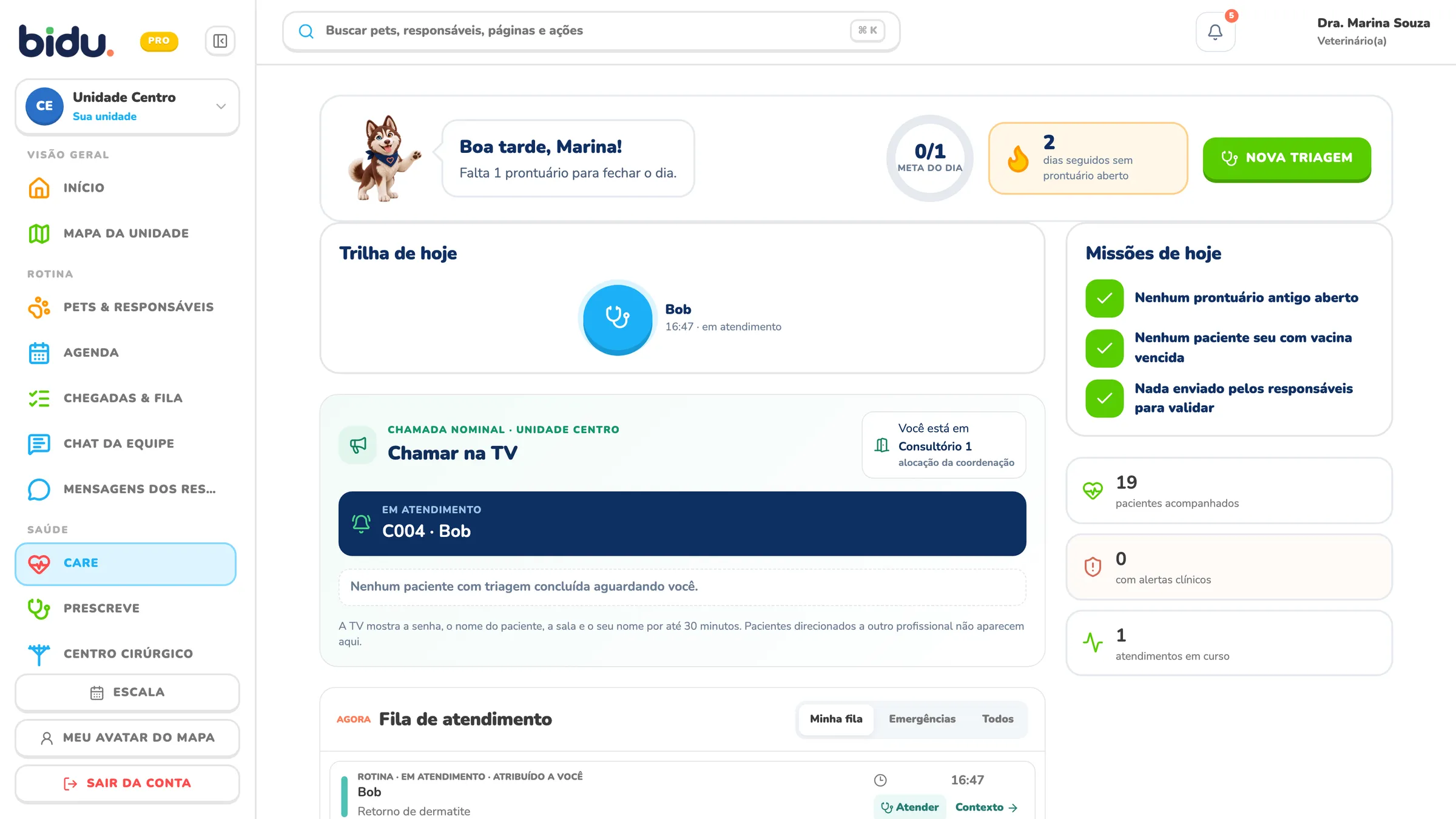 Consultório na versão atual do Bidu Care, com dados de demonstração