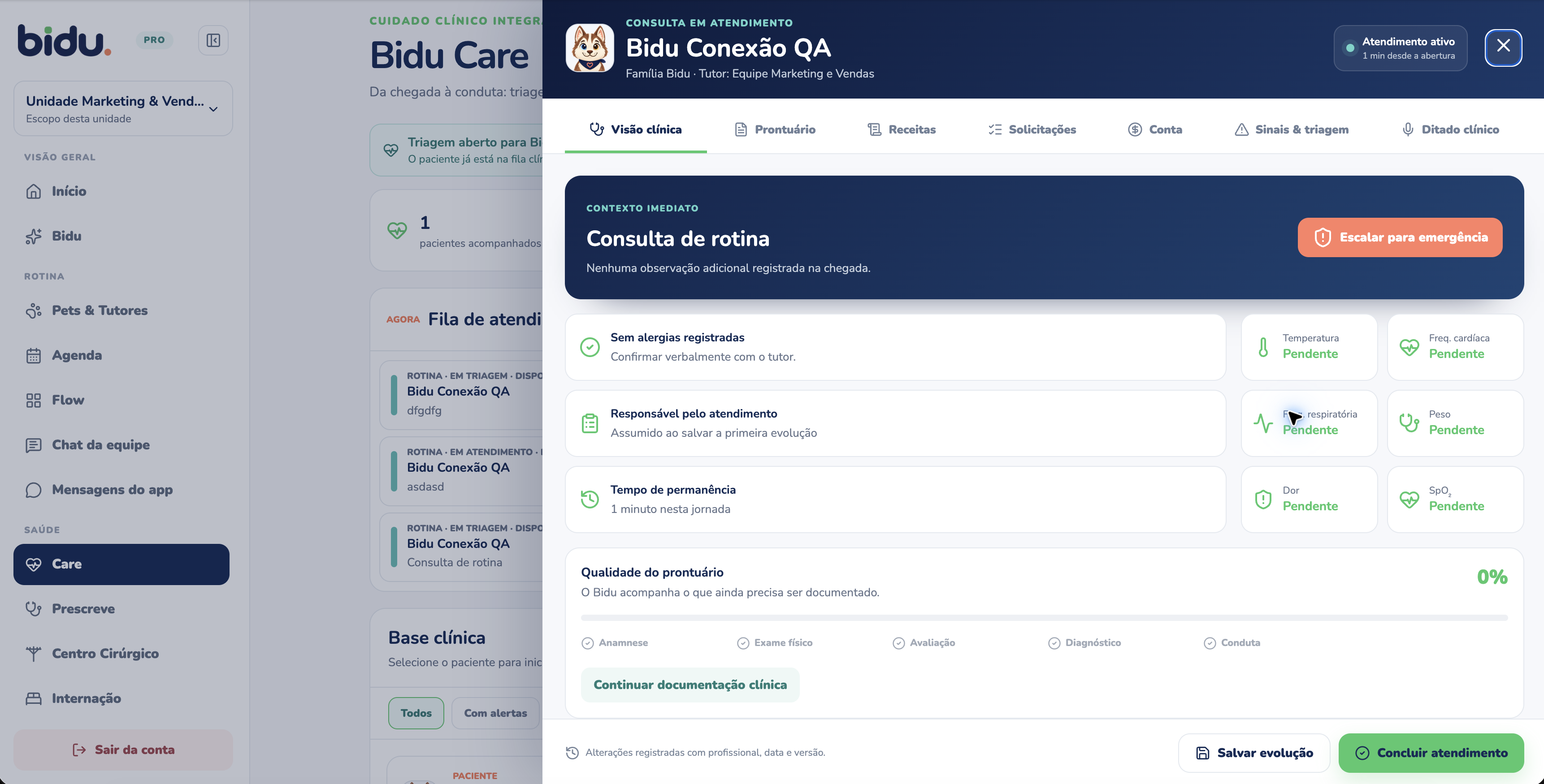 Atendimento aberto na versão atual do Bidu Care, com dados de demonstração