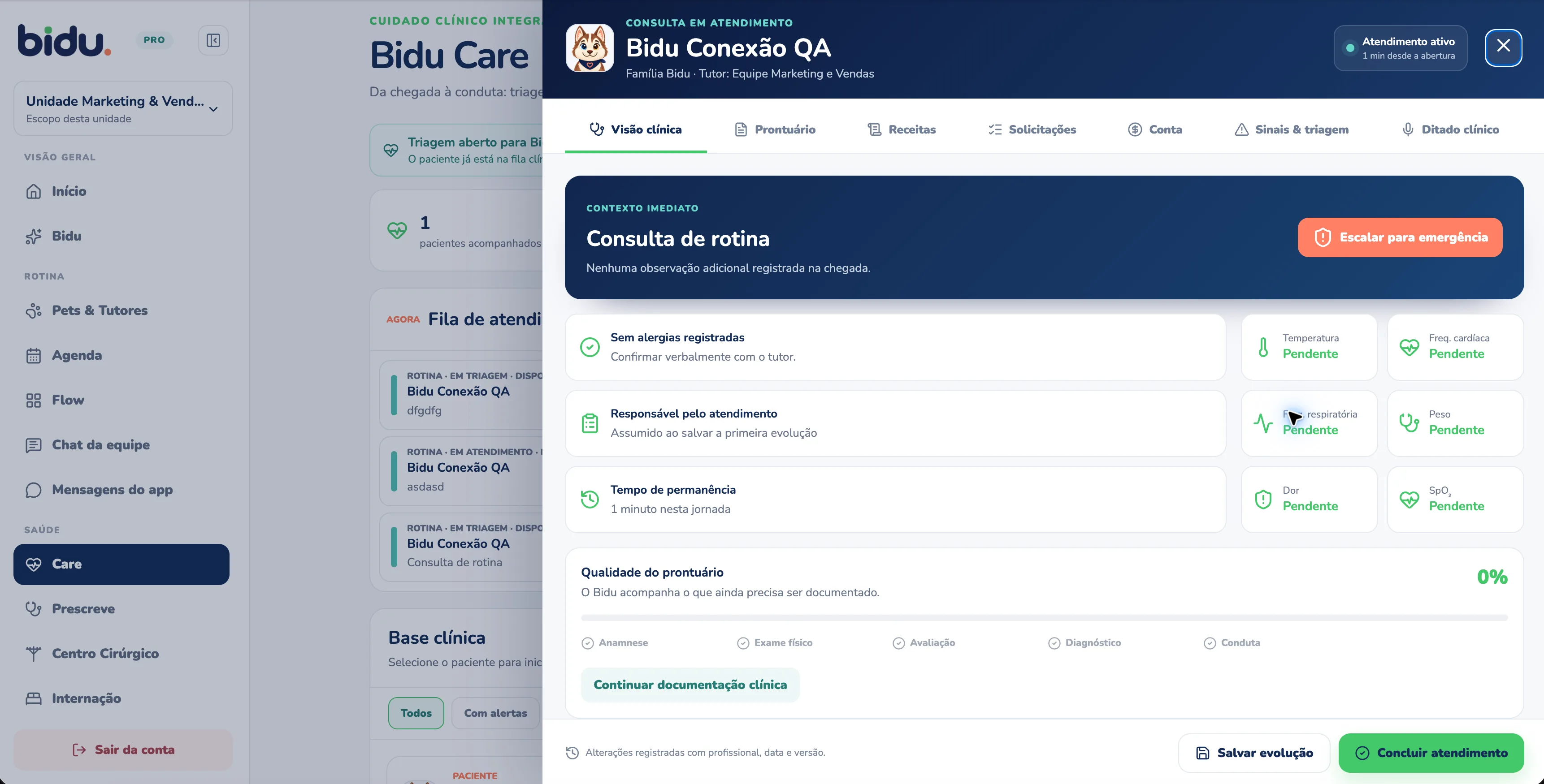 Atendimento aberto no Bidu Care no Bidu OS, com dados de demonstração
