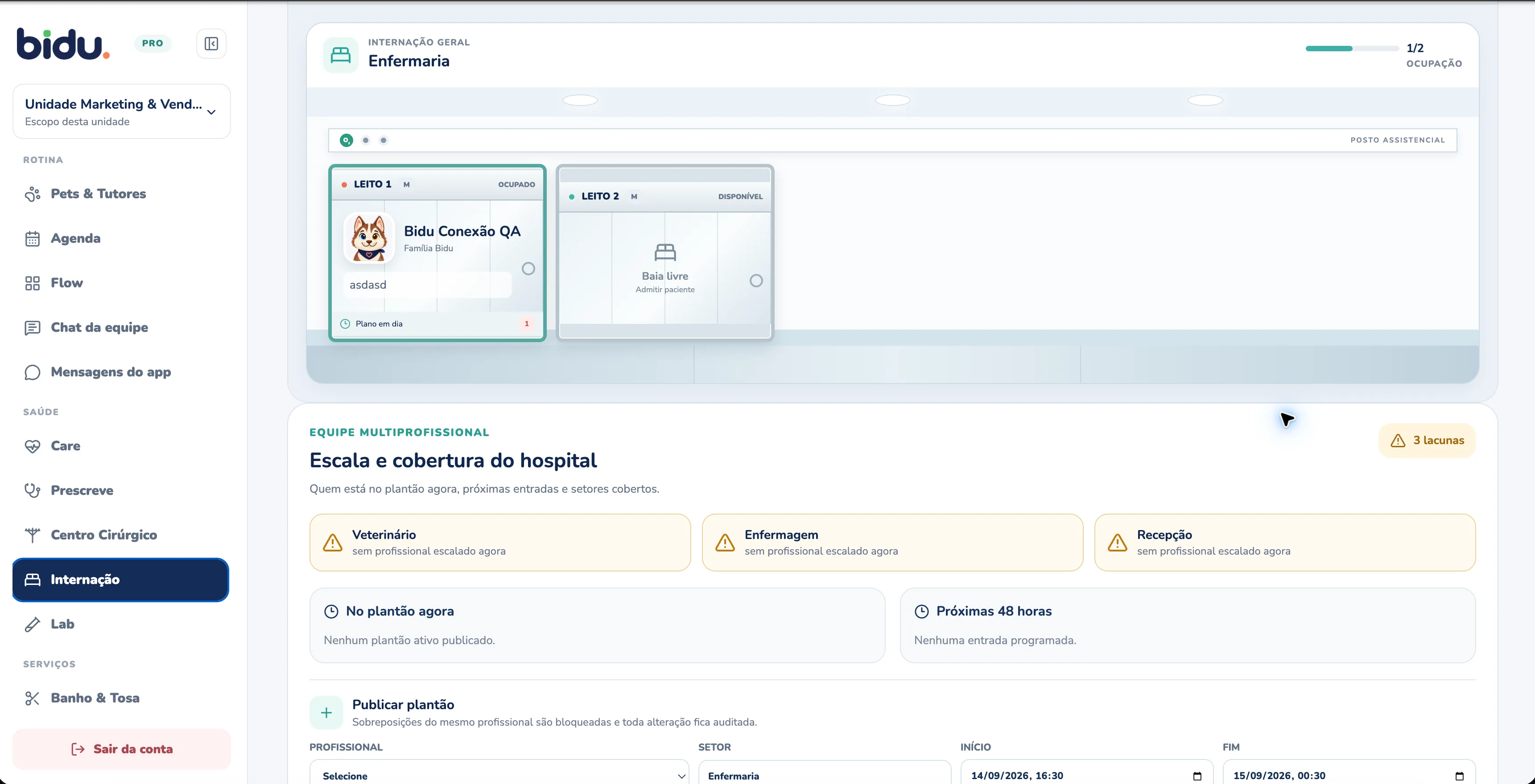 Enfermaria e cobertura hospitalar no Bidu OS, com dados de demonstração
