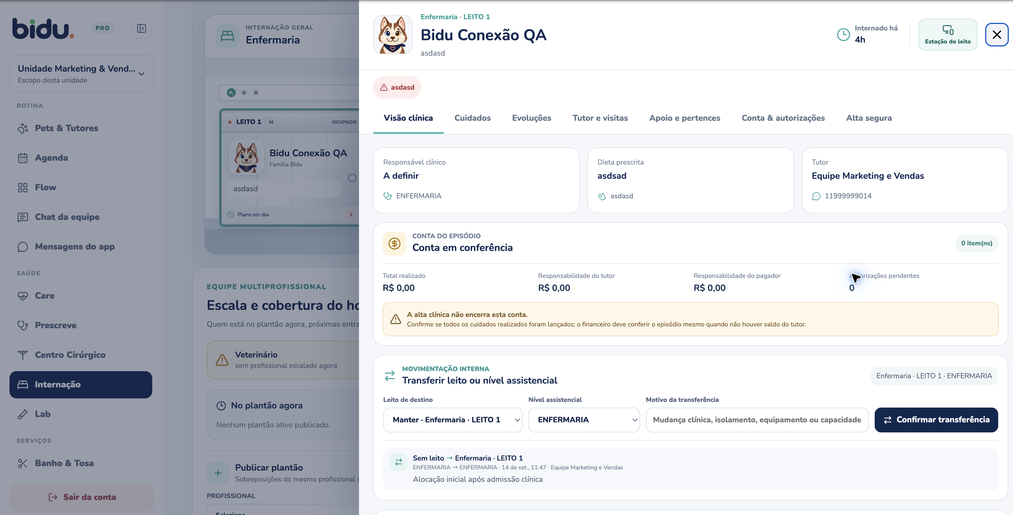 Internação aberta na versão atual do Bidu OS, com dados de demonstração