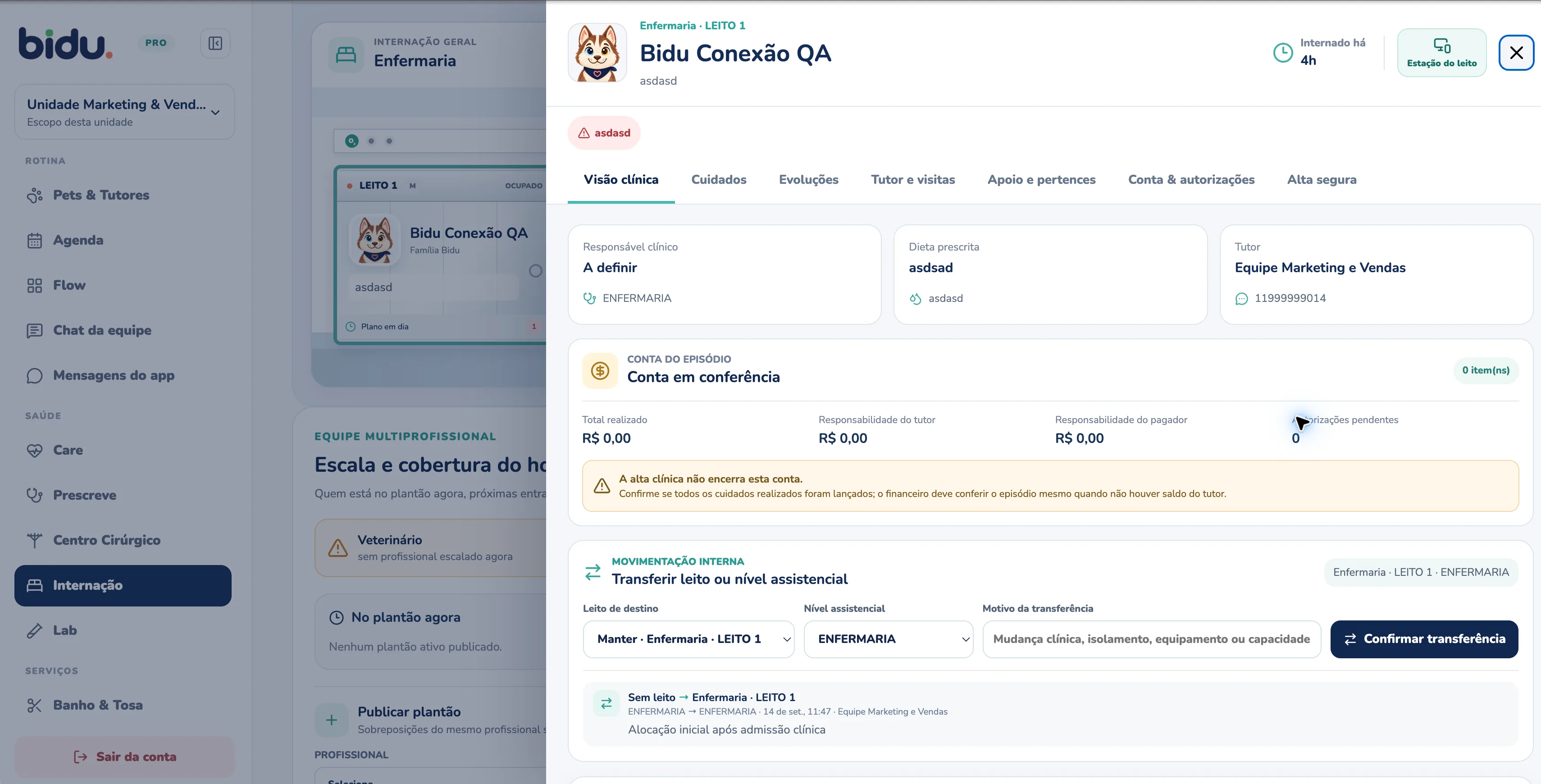 Internação aberta no Bidu OS, com dados de demonstração