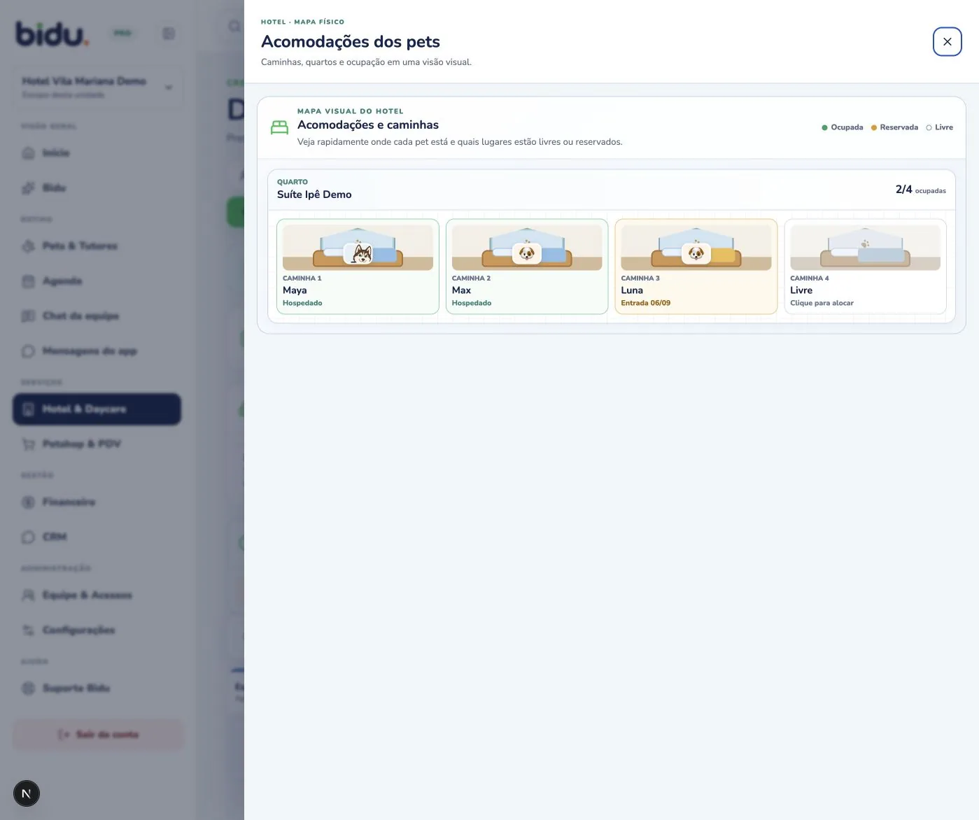 Acomodações e capacidade no Bidu OS, com dados de demonstração