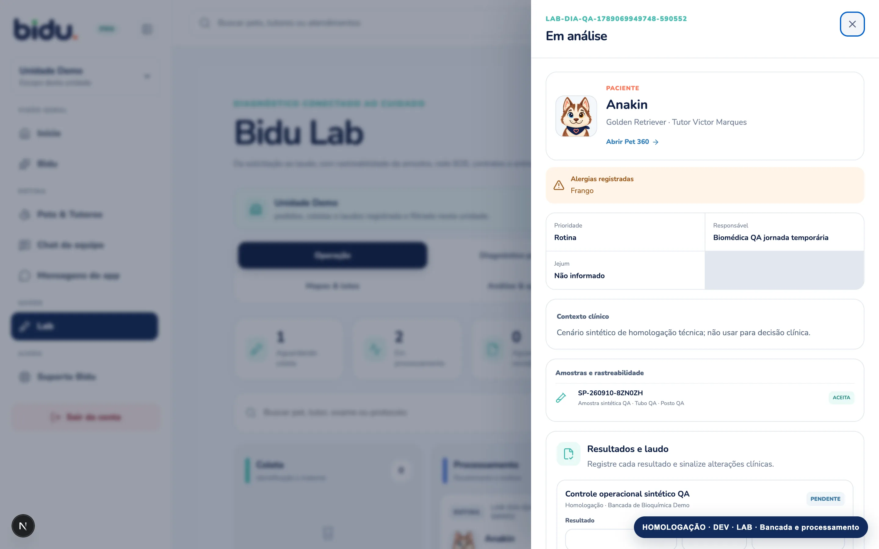 Bancada e processamento no Bidu OS, com dados de demonstração