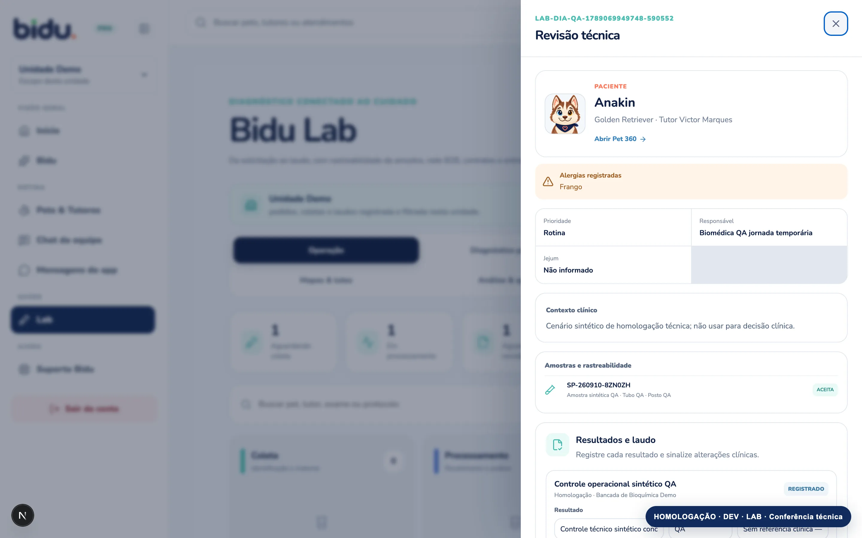 Conferência técnica no Bidu OS, com dados de demonstração