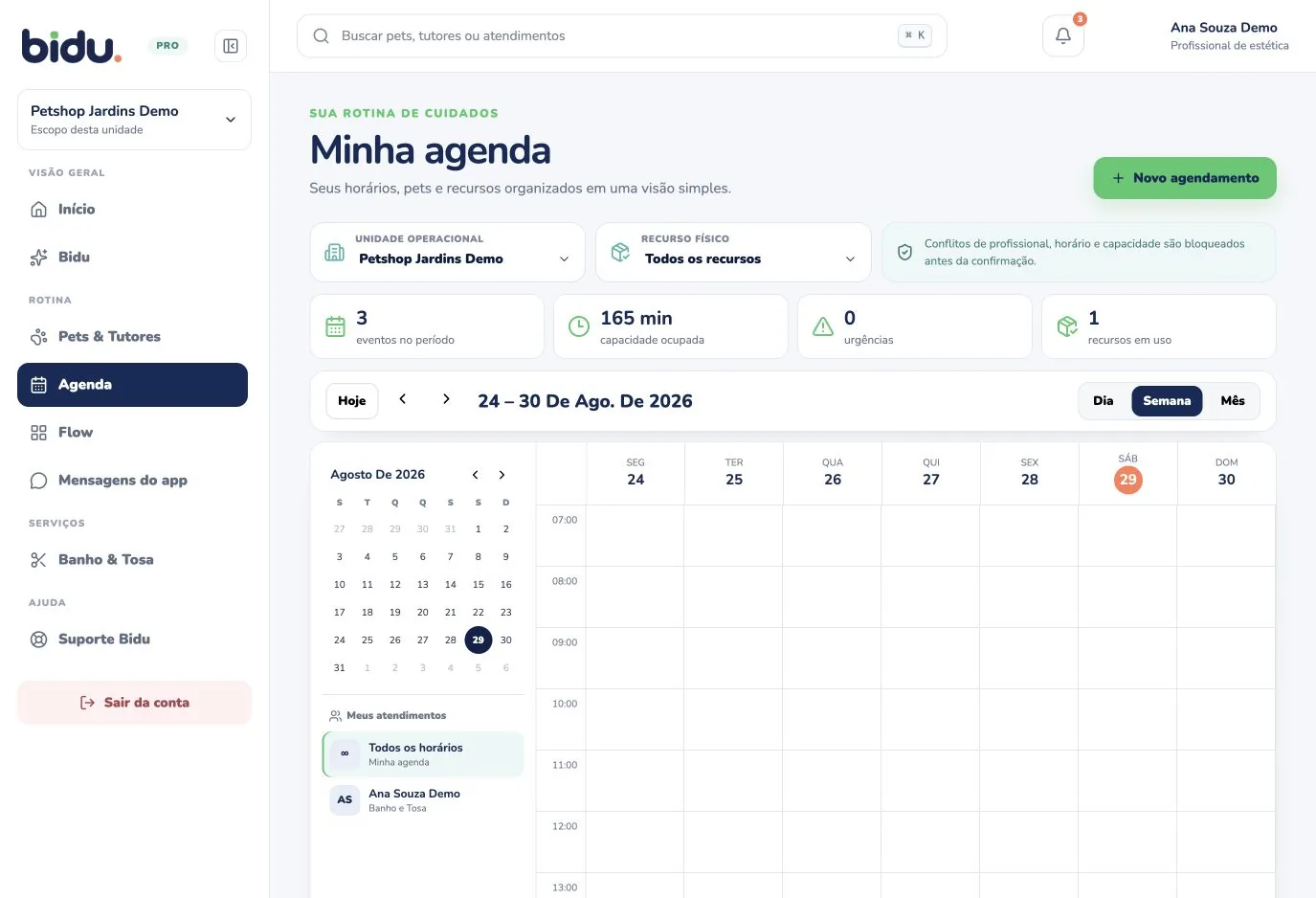 Agenda de serviços no Bidu OS, com dados de demonstração