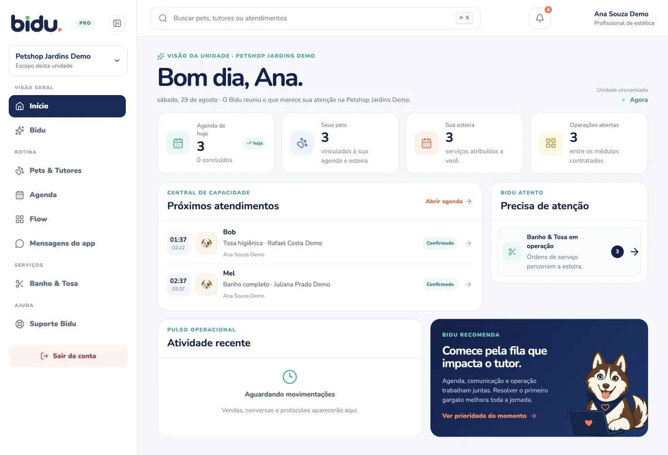 Visão operacional da unidade no Bidu OS, com dados de demonstração