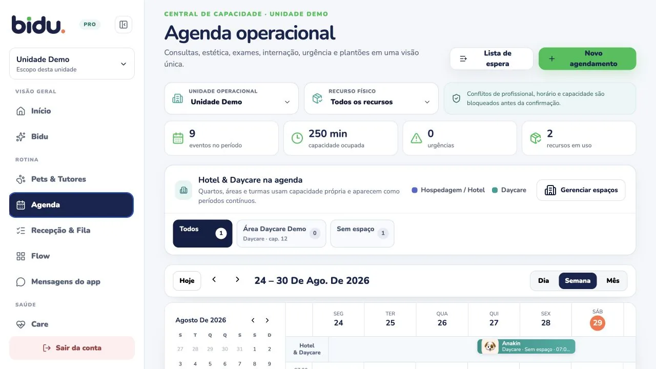 Agenda operacional no Bidu OS, com dados de demonstração