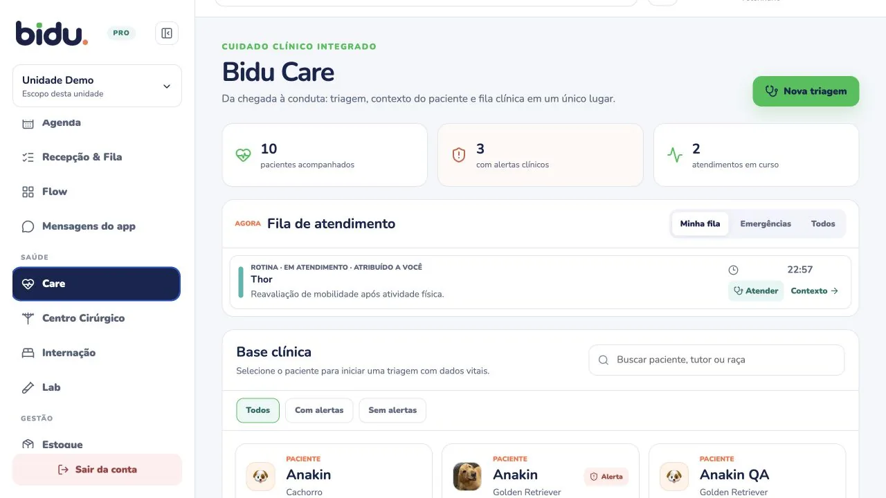 Bidu Care no Bidu OS, com dados de demonstração